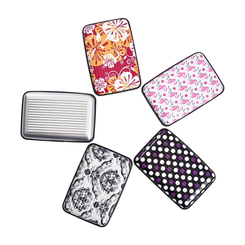 5er-Set RFID-blockierender Kartenhalter; mit Polka-Dot-Muster, Blumenmuster, Flamingo-Muster, Damast-Muster und grau, Aluminium image number 0