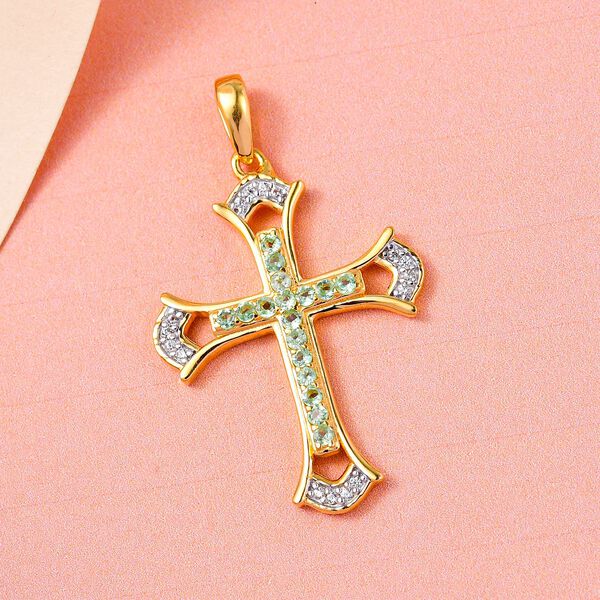 Natürlicher Merelani-Mint Granat und weißer Zirkon Kreuz-Anhänger, 925 Silber Gelbgold Vermeil ca. 0.50 ct image number 2