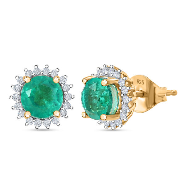 D'Joy Smaragd-Quarz Triplette, Wei&szlig;er Zirkon Ohrringe 925 Silber Gelbes Gold ca. 2,80 ct.