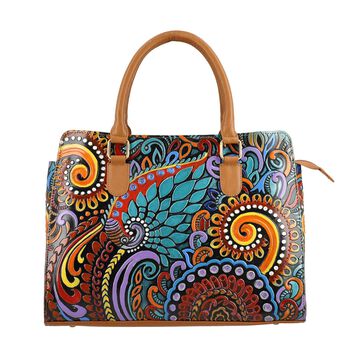 Handbemalte Satchel-Tasche aus 100% Echtleder mit kunstvoller Pr&auml;gung und Mandala-Design, 31x10x23cm, Blau-Tan