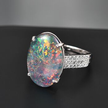 AA Australischer Boulder Opal, Lab Grown Diamant Ring, AGI zertifiziert und gepr&uuml;ft,  417 Wei&szlig; Gold (Gr&ouml;&szlig;e 18.00) ca. 6,67 ct