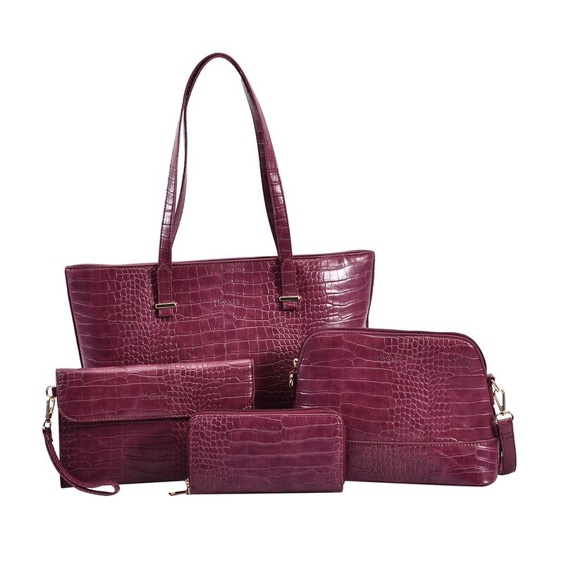 Passage - 4er-Set Handtaschen mit Krokodilprägung; enthält Schultertasche,, Cross Body Bag, Clutch Bag und Portemonnaie, Violett image number 0