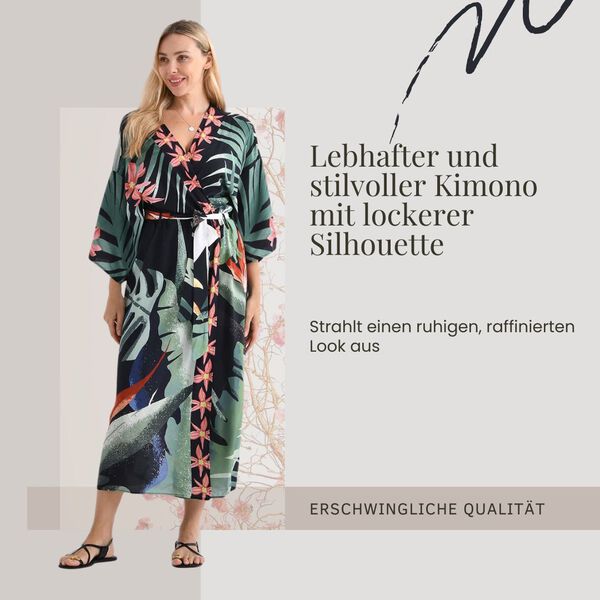 Kimono mit Gürtel, tropischem Blättermuster, 128×78 cm, Schwarz image number 2