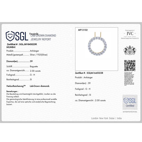 LUXURIANT SGL zertifizierter SI-GH Labor Diamant Anhänger mit 50cm Kette, 925 Silber 750 Gelbgold Vermeil - 2 ct. image number 6