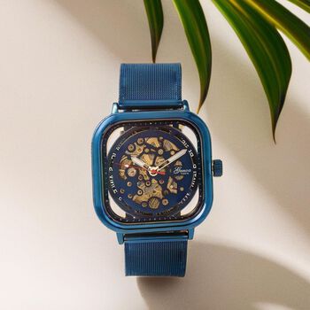 GENOA TIME V2 42mm Automatische Mechanikuhr - Schwarzes hohles Zifferblatt, Geh&auml;use aus Legierung mit IPS-Beschichtung, Edelstahl-Mesh-Armband, 3 ATM wasserdicht, Reiner Edelstahl, 8.5 cm, blau