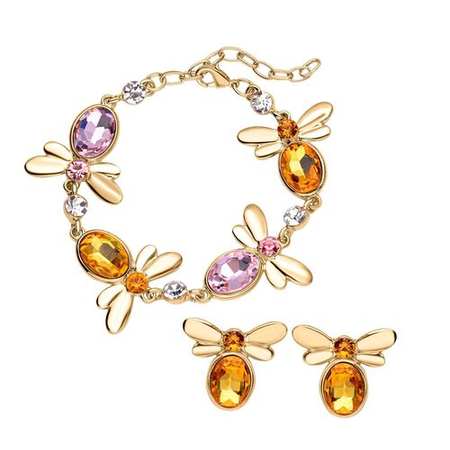 2er Set - Champagner Kristall Armband und Ohrringe, Goldfarben image number 0