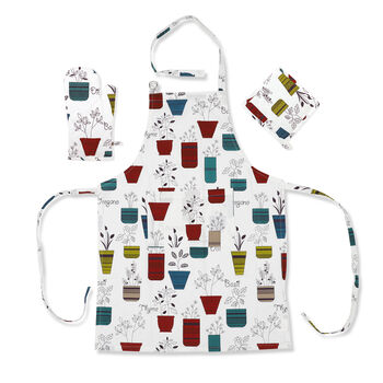 100% Baumwolle K&uuml;chen-Set, Sch&uuml;rze, Handschuh und Topflappen, Blumenvasen, 3 tlg.