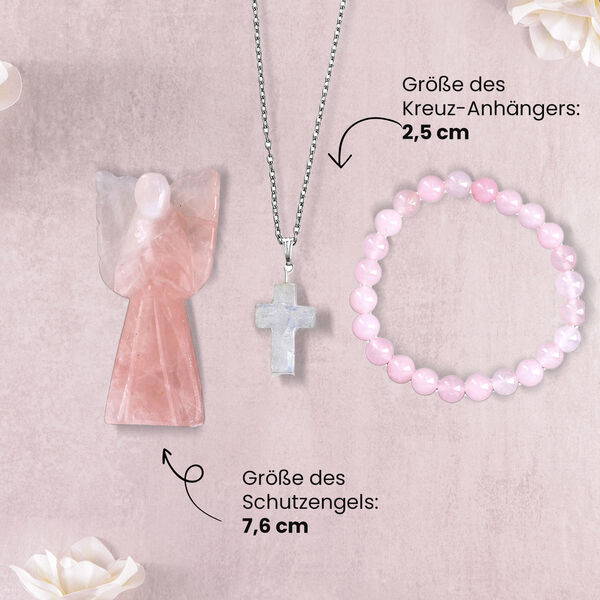 3er-Rosenquarz-Set &ndash; Engel, Kreuzanh&auml;nger und Armband image number 4
