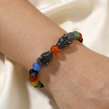 Mehrfarbiger Achat, Schwarzer Zirkonia Armband, Flexibles, Messing Schwarzes Rhodium