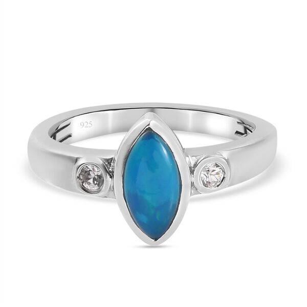 Blau gef&auml;rbter &auml;thiopischer Opal und Zirkon Ring 925 Silber Platin-&Uuml;berzug