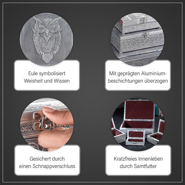 4er Set - Teakholzboxen Schmuckbox, Eulen-Pr&auml;gung image number 3
