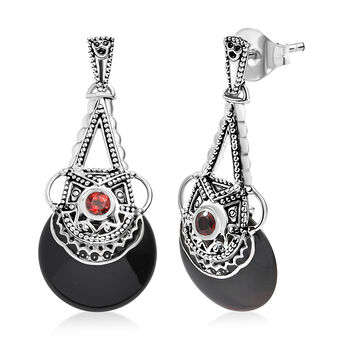 Sajen Silber - Schwarzer Onyx, Roter Granat Ohrringe 925 Silber rhodiniert ca. 11.30 ct