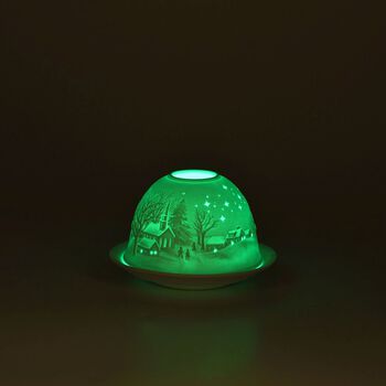 LED-Porzellan-Teelichthalter - Motiv Winterkapelle, 13-Farben-LED mit Fernbedienung, Durchmesser 10,5 cm, H&ouml;he 7,5 cm