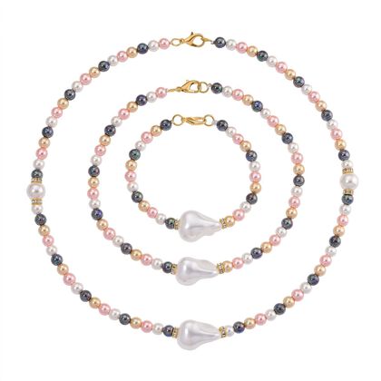 3er Set Mehrfarbige-Muschelkernperlen-Schmuckst&uuml;cke, bestehend aus Armband (ca. 19 cm) und zwei Halsketten (ca. 40 cm und 50 cm), gelb vergoldet