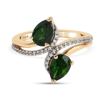 Nat&uuml;rlicher Chromdiopsid und Zirkon Bypass Ring 925 Silber vergoldet (Gr&ouml;&szlig;e 16.00) ca. 1,87 ct