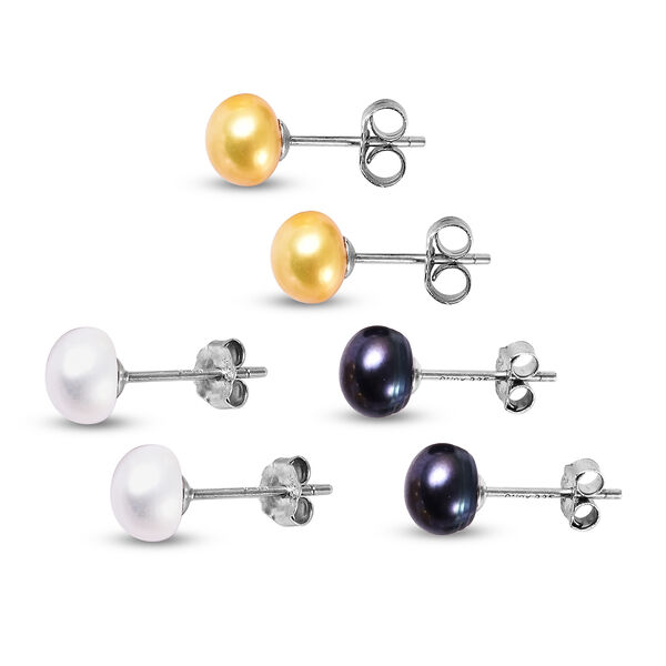 3er-Set - 6-8 mm goldene, wei&szlig;e und Pfauen-S&uuml;&szlig;wasserzuchtperlen-Ohrstecker image number 3