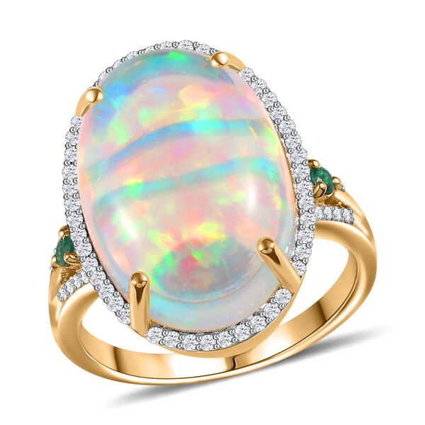 AAAA Natürlicher, äthiopischer Welo Opal, Diamant und kolumbianischer Smaragd-Ring in 585 Gold - 9,01 ct. image number 6