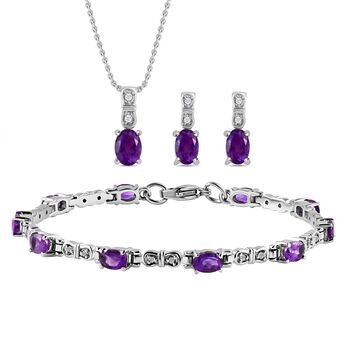 3er Set, afrikanische Amethyst Ohrringe, Armband, Anh&auml;nger mit Kette, Edelstahl, ca. 7.28 ct
