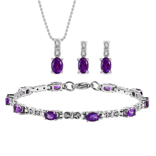 3er Set, afrikanische Amethyst Ohrringe, Armband, Anh&auml;nger mit Kette, Edelstahl, ca. 7.28 ct