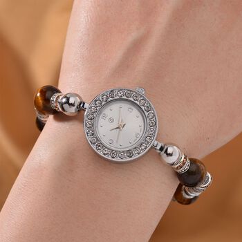 STRADA - Gelbes Tigerauge, Wei&szlig;er Kristall Armband-Uhr, Japanisches Uhrwerk, ca. 18-19cm, Schwarz oxidiert