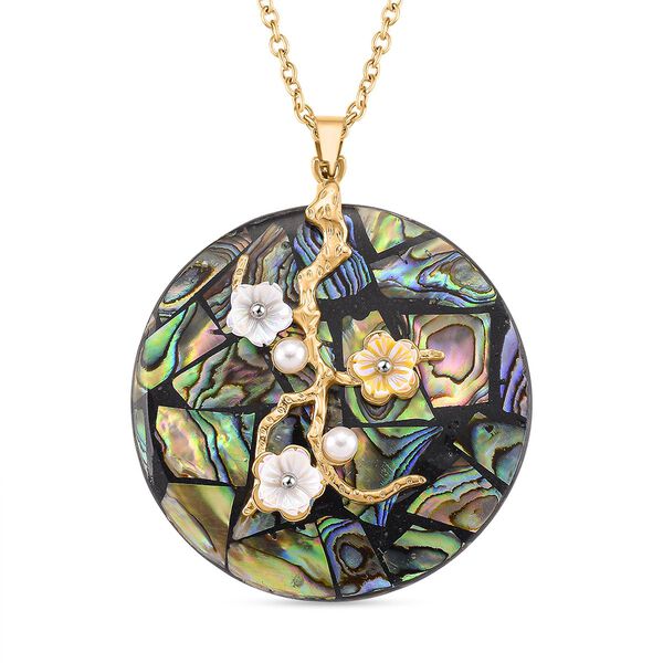 Abalone Muschel, Harz Anhänger mit Kette, Reiner Edelstahl, goldfarben image number 0