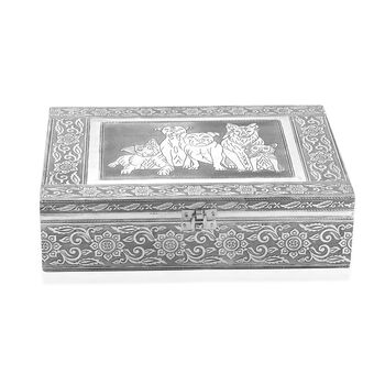 Schmuckk&auml;stchen aus Holz mit Aluminiumbeschlag, Hunde-Verzierung, Silber