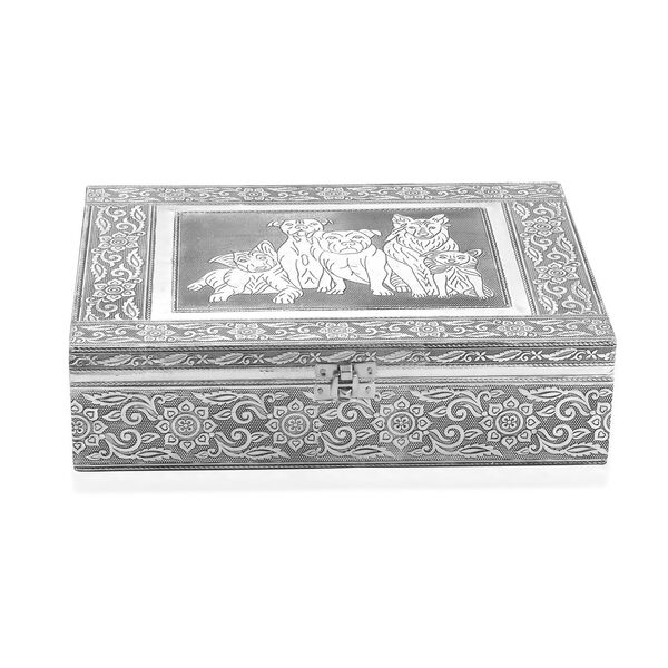 Schmuckk&auml;stchen aus Holz mit Aluminiumbeschlag, Hunde-Verzierung, Silber