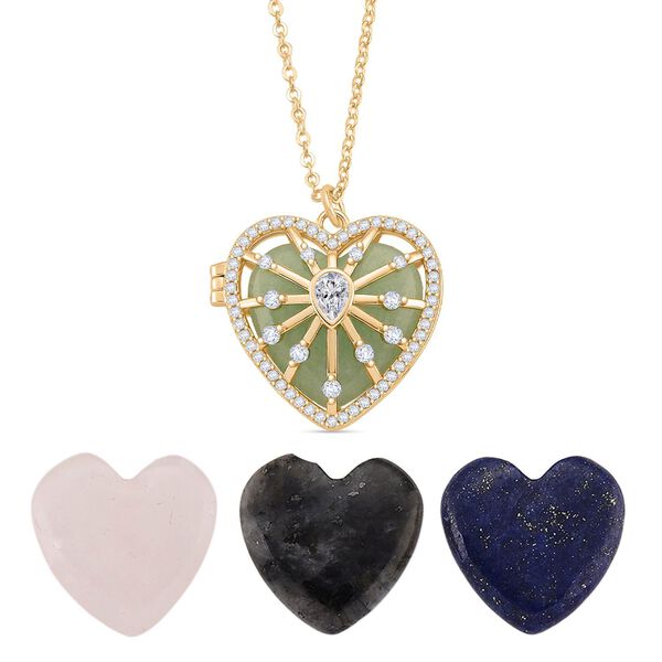 Herz Anh&auml;nger mit wechselbaren Edelsteinen und Kette, ca. 50 cm + 5 cm Extender, Nickelfreies Messing, Goldfarben
