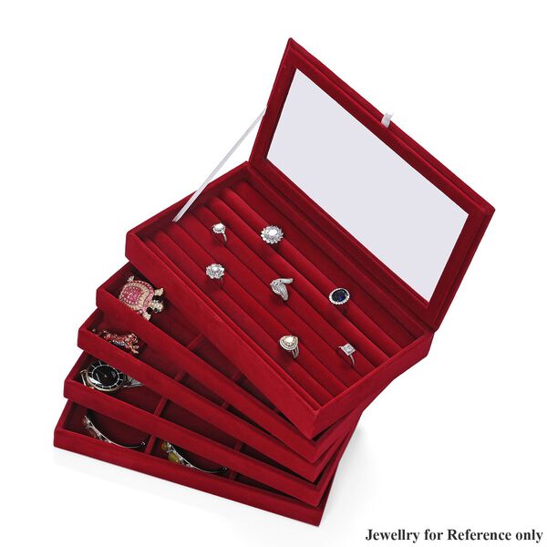 5-lagige stapelbare 26x15x14,5 cm Schmuckbox mit 5 Silber-Poliert&uuml;chern, Rot image number 6
