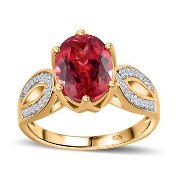 Lab Grown Padparadscha-Saphir, Wei&szlig;er Zirkon Ring, 925 Silber Gelbgold Vermeil (Gr&ouml;&szlig;e 19.00) ca. 4.24 ct