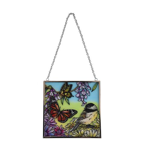 Handbemalter Glas-Sonnenfänger, Vogel-und-Schmetterling-Design, 11,5×11,5cm, Mehrfarbig image number 1