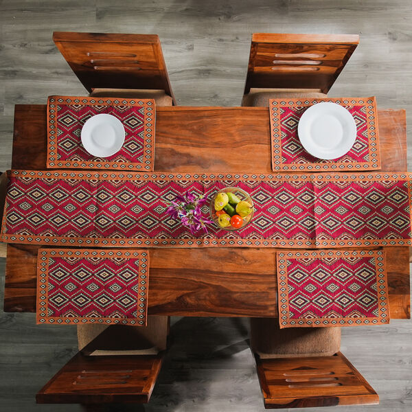 5er Set: Jacquard gewebter Tischläufer und 4 Tischsets, Geometrisch image number 1