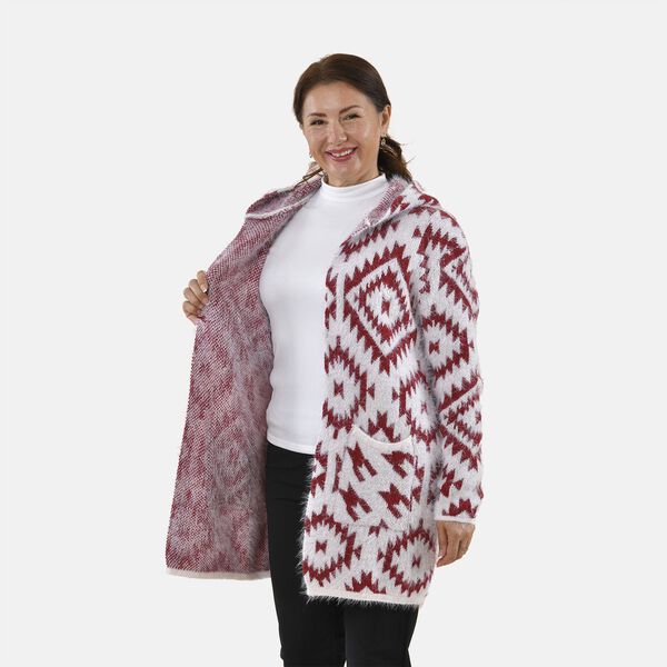 TAMSY - Kuschelweicher, langer Cardigan mit Kapuze und Taschen, 110x82cm, rot wei&szlig; image number 5