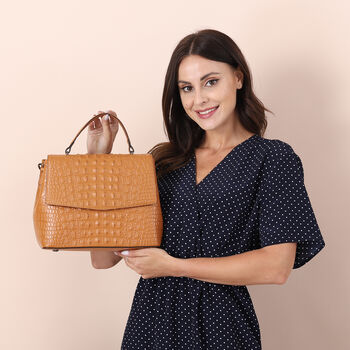 Schultertasche aus 100% echtem Leder mit Kroko-Pr&auml;gung und abnehmbarem Riemen