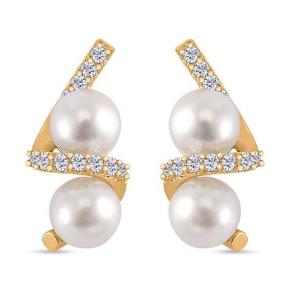 Wei&szlig;e Muschelkernperle (3-5 mm), Wei&szlig;er Zirkonia Ohrringe 925 Silber vergoldet