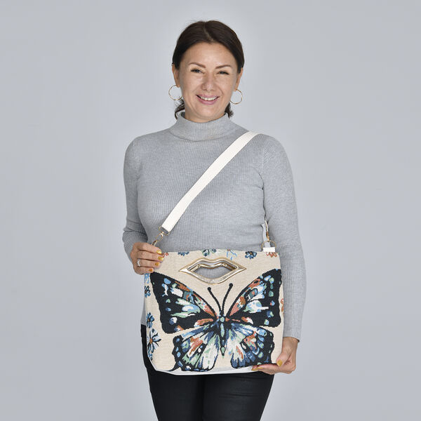 Jacquard Crossbody Tasche, Schmetterling Muster, Größe 39x10x26 cm, Beige und Mehrfarbig image number 0