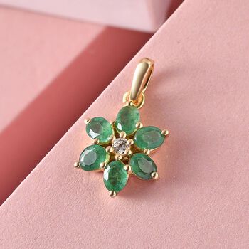 Kagem sambischer Smaragd und Zirkon floraler Anh&auml;nger, 925 Silber vergoldet, 1,10 ct.