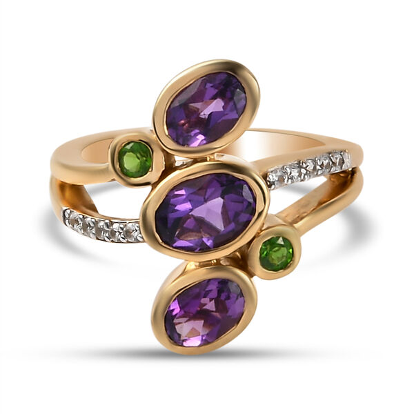 Lusaka Amethyst und Nat&uuml;rlicher Chromdiopsid Ring 925 Silber vergoldet