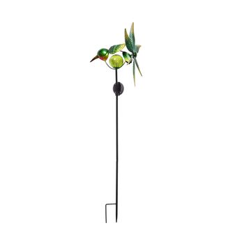 wind spinner  size:39*29*100cm solar :Amorphous solar panel  Light :1pc white led color: green bird material:iron+glass weight:680g Battery:AANI-MH 300mAh