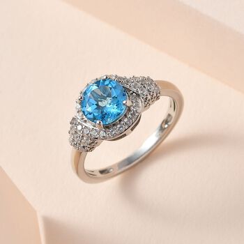 Schweizer Blautopas, Wei&szlig;er Zirkon Ringe 925 Silber platiniert (Gr&ouml;&szlig;e 18.00) ca. 1.89 ct