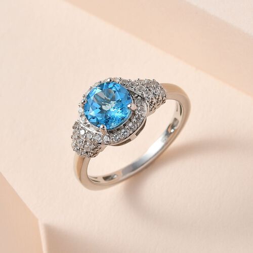 Schweizer Blautopas, Weißer Zirkon Ringe 925 Silber platiniert (Größe 18.00) ca. 1.89 ct image number 1