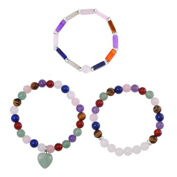 3er-Set- Multi-Edelstein und wei&szlig;e Kristall Quarz-Armb&auml;nder - 231 ct.