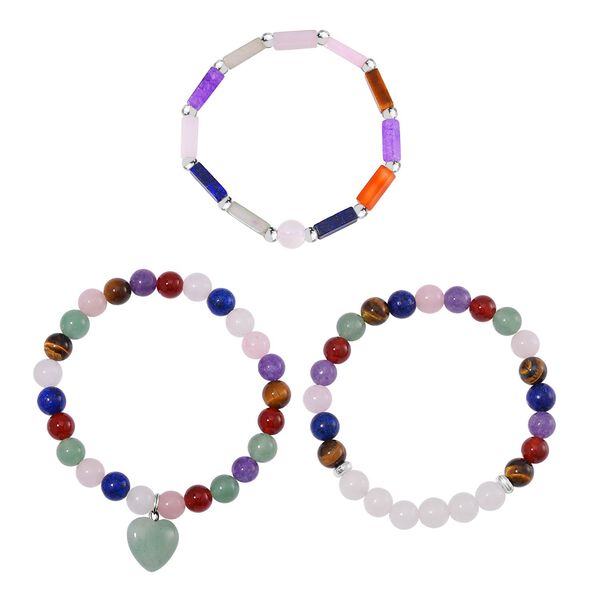 3er-Set- Multi-Edelstein und wei&szlig;e Kristall Quarz-Armb&auml;nder - 231 ct.