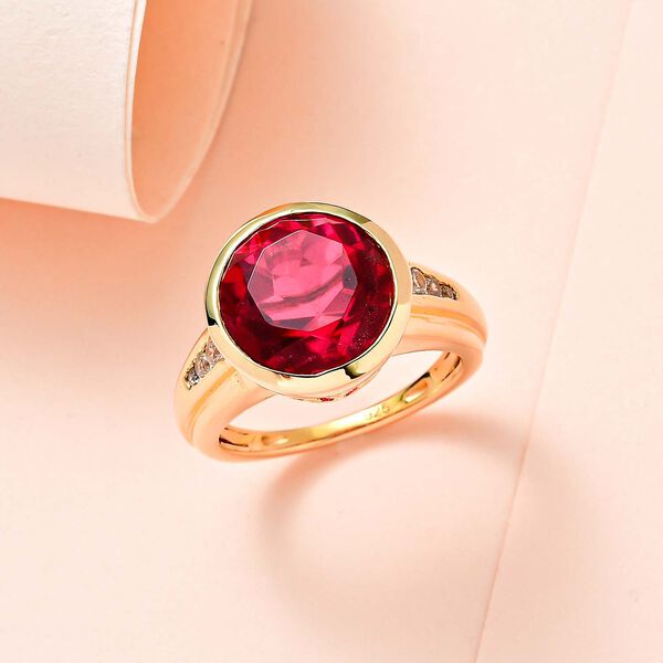 Magenta Rosa Quarz Triplette, wei&szlig;er Zirkon Ring, 925 Silber vergoldet (Gr&ouml;&szlig;e 20.00) ca. 5.34 ct image number 1