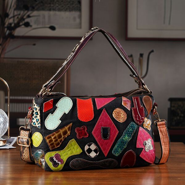 Chaos by Elsie- Echtleder-Schultertasche, RFID-Schutz, k&uuml;nstlerisches Leder Patchwork, 2 Trageoptionen, 35x12x22cm, Schwarz image number 1