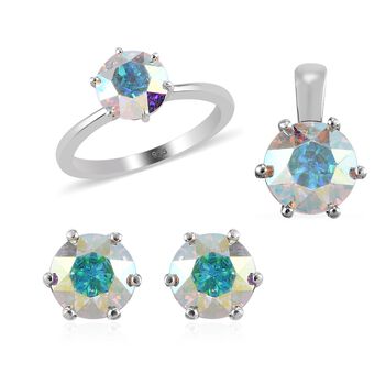 LUSTRO STELLA - &ouml;sterreichisches AB Kristall Solit&auml;r-Set aus Ring, Ohrringen und Anh&auml;nger, 925 Silber platiniert ca. 4,71 ct