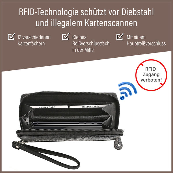 RFID-geschützte Brieftasche aus 100% echtem Leder mit Kroko-Prägung und abnehmbarem Trageschlaufe, schwarz image number 4
