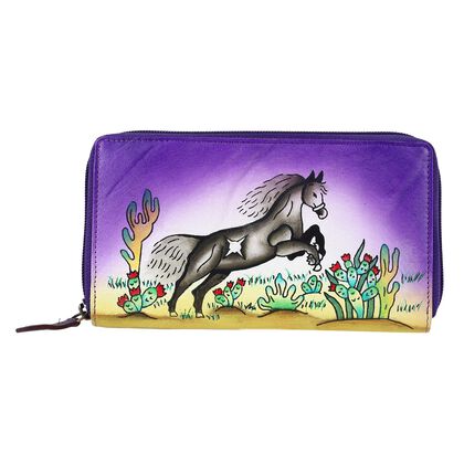 Sukriti - handbemalte Brieftasche aus echtem Leder mit RFID Schutz, Pferd