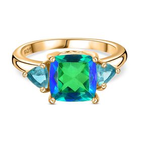 Pfau Quarz Triplette, Blauer Apatit Ring 925 Silber vergoldet (Größe 16.00) ca. 3,17 ct