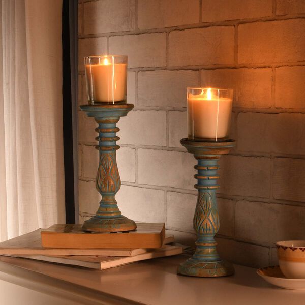 Set aus 2 antiken geschnitzten Holzkerzenhaltern mit rundem Ständer, 23cm, Altblau image number 3